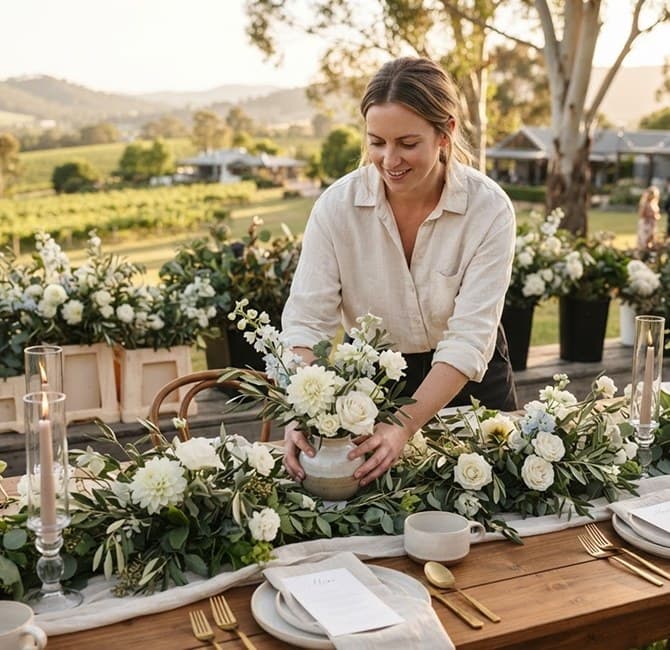 A florist arranging white flowers on a long vineyard wedding table